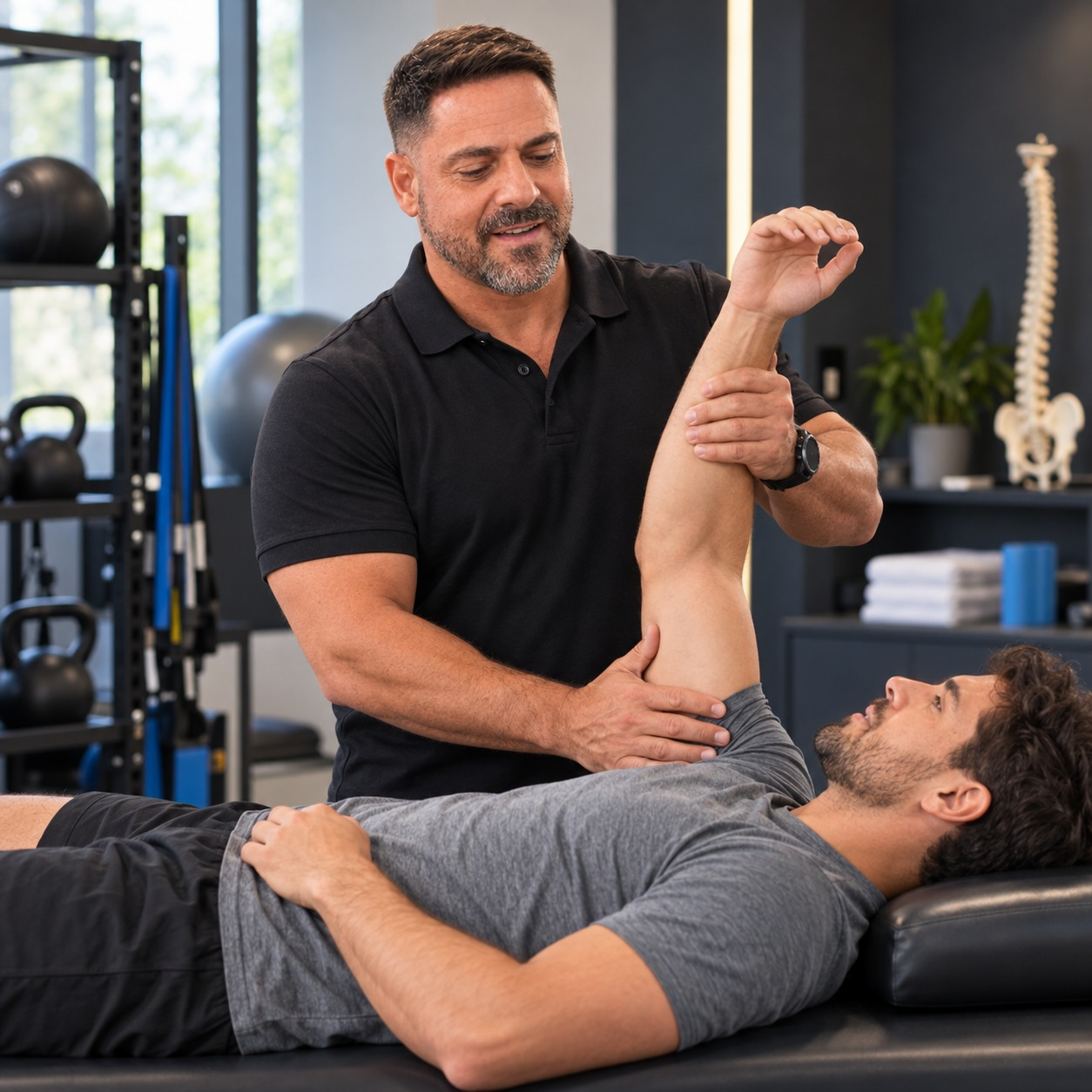 Paulo Novis realizando atendimento de fisioterapia esportiva em um atleta.