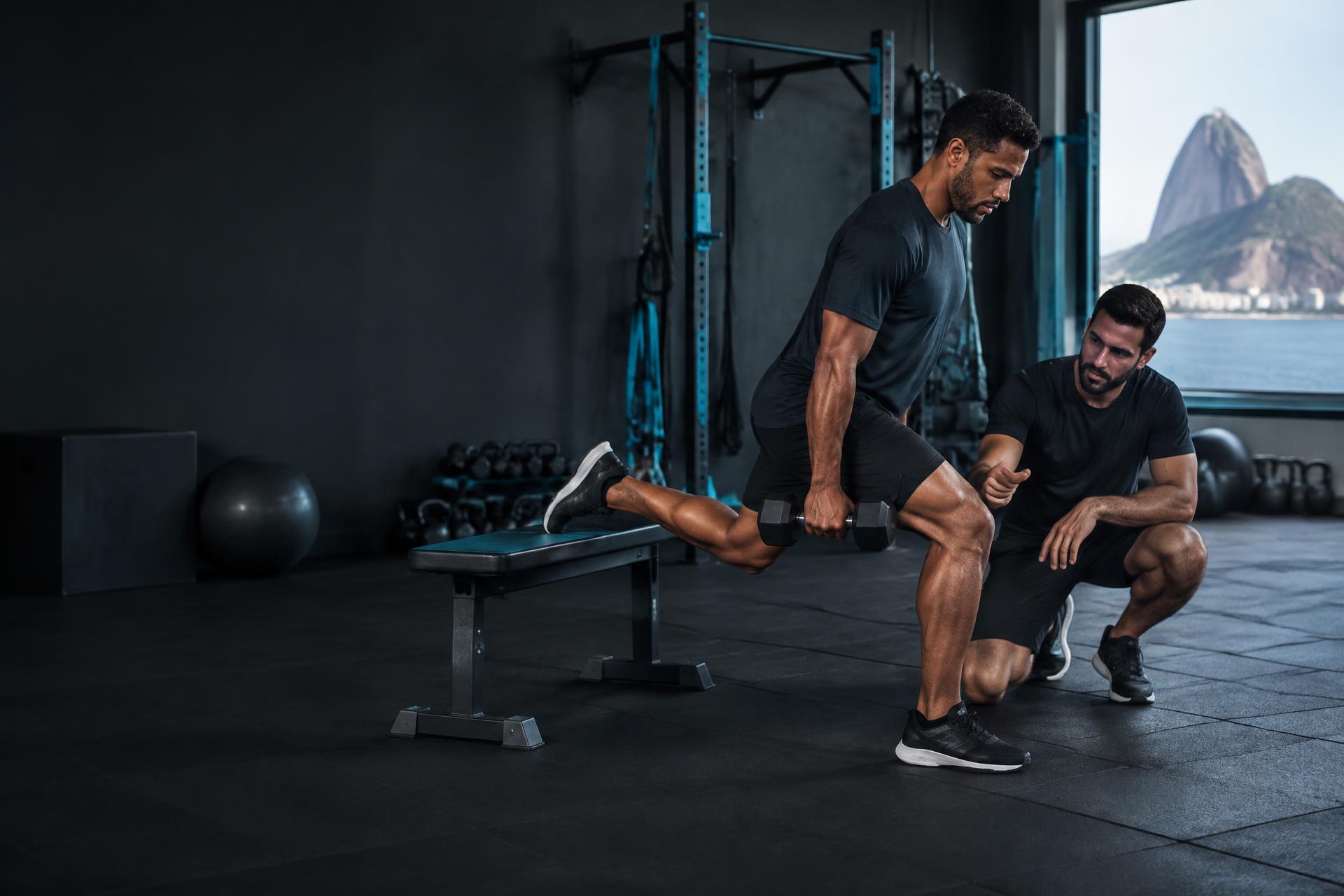 Atleta e profissional durante um treinamento físico individualizado