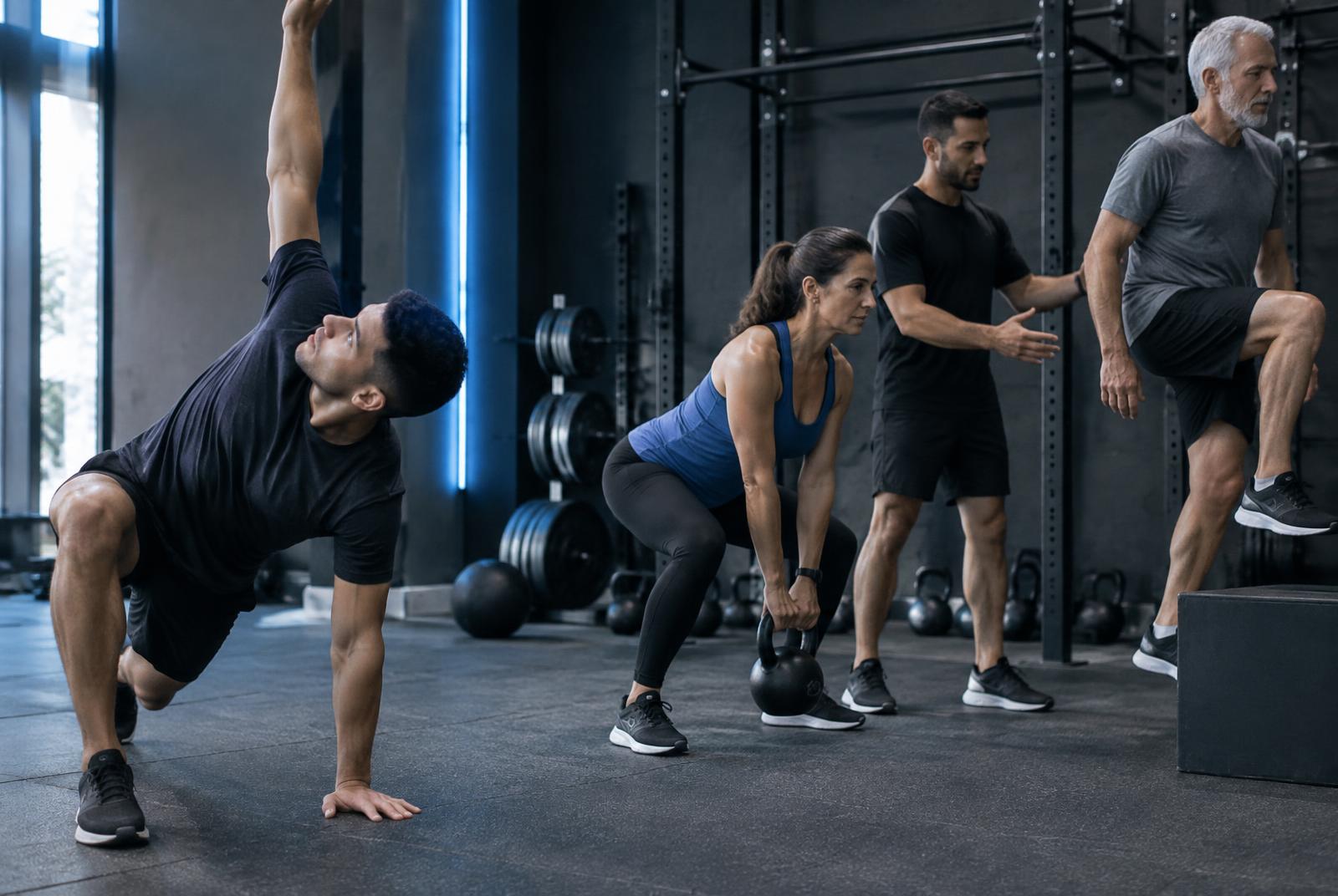 Pessoas de diferentes idades realizando exercícios de força e mobilidade